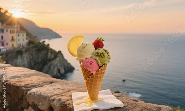Fototapeta Colorful gelato cone with lemon, strawberry, and pistachio resting on Amalfi Coast wall at sunset