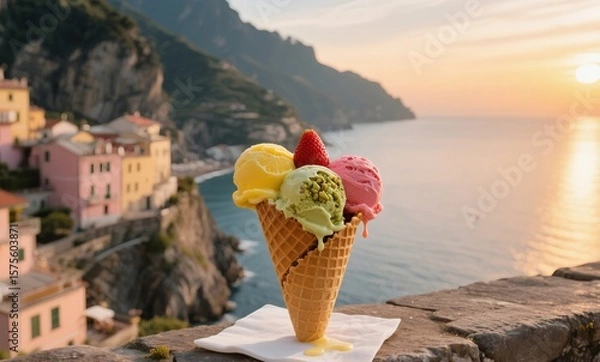 Fototapeta Italian ice cream captured in golden hour with cliffside village and sea view on Amalfi coastline