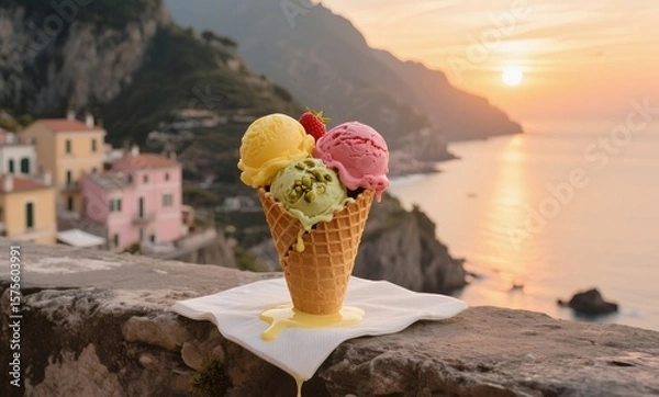 Fototapeta Melting gelato trio in waffle cone on rustic wall overlooking scenic pastel houses of Amalfi