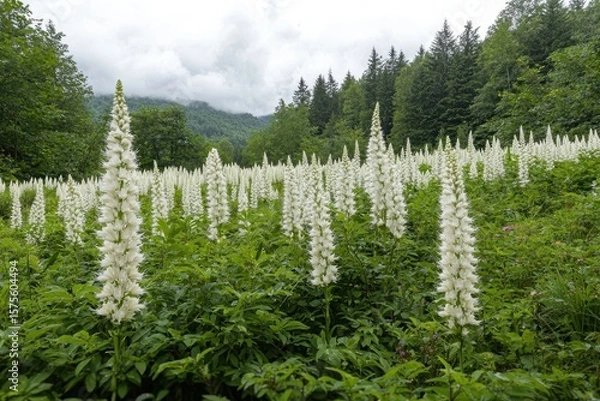 Fototapeta A lush field of tall white lupine flowers surrounded by dense green trees under a cloudy sky in a mountainous forest landscape.
