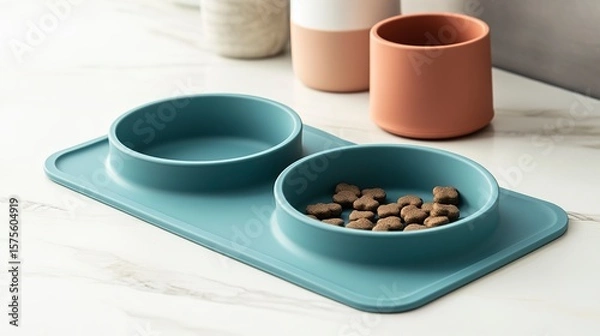 Fototapeta Durable silicone mat with non-slip edges designed for pet feeding bowls placed on a modern kitchen counter