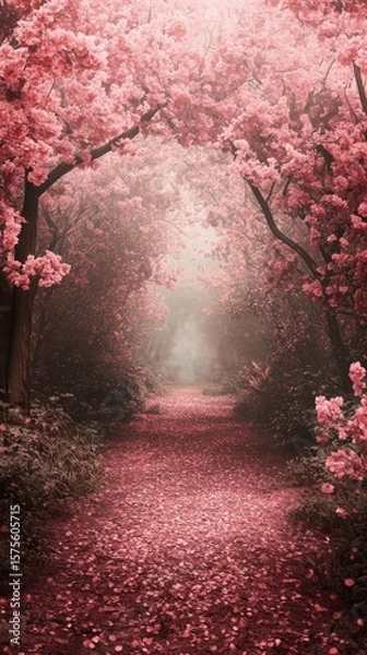 Fototapeta Walking Path Covered in Pink Petals Under Blooming Trees