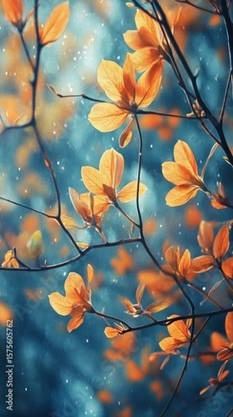 Fototapeta Autumn Leaves on Branch Against Blue Sky with Bokeh Effect