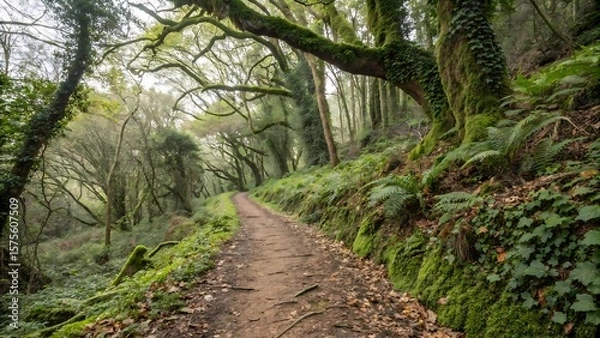 Obraz Dirt forest trail is winding through flat design woodland, with vines, moss, fern