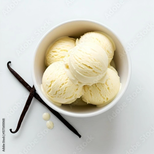 Fototapeta Close-up of vanilla ice cream with vanilla pods in a white bowl. Ideal image for illustrating natural dessert ingredients, summer snacks, and gourmet food styling