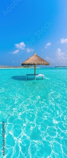 Fototapeta A serene tropical scene featuring a thatched umbrella and lounge chair standing in crystal-clear, shallow turquoise water under a bright blue sky with scattered clouds.