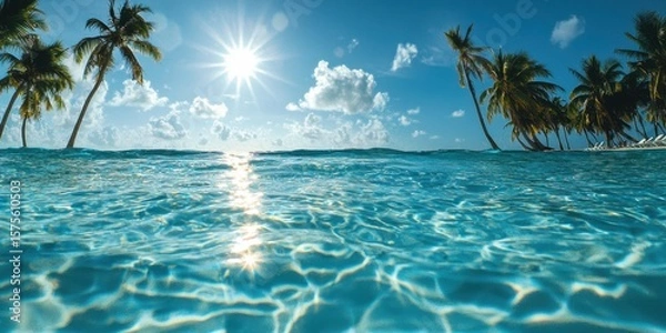 Fototapeta Tropical beach scene with clear blue water, palm trees, and the bright sun shining in a partly cloudy sky.