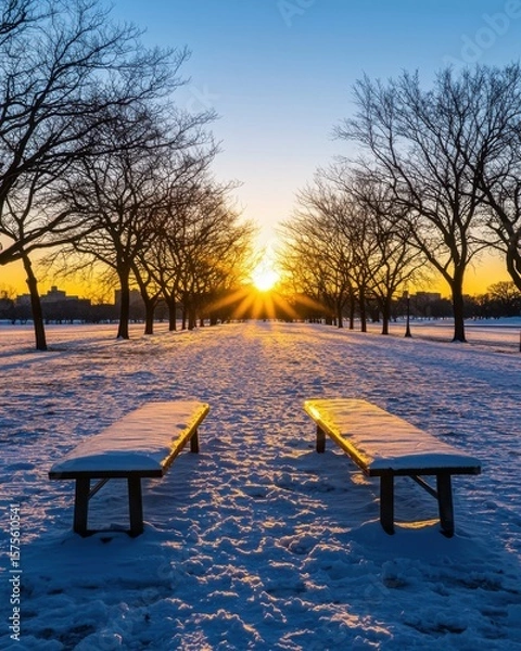 Fototapeta A snowy park at sunrise with bare trees and two benches covered in snow, casting long shadows on the ground.