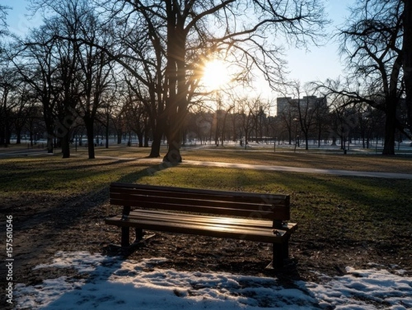 Fototapeta A wooden bench in a park during winter with bare trees and sunlight shining through, casting long shadows on the ground with patches of snow.