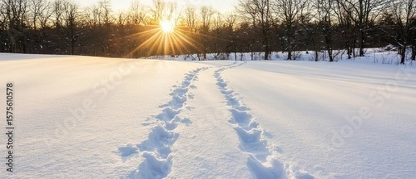 Fototapeta Footprints trail through a snowy field at sunrise, with bare trees lining the horizon under a clear sky.