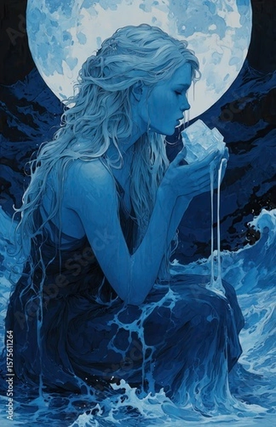 Fototapeta the goddess Water holding an ice cube, with a moon in the background