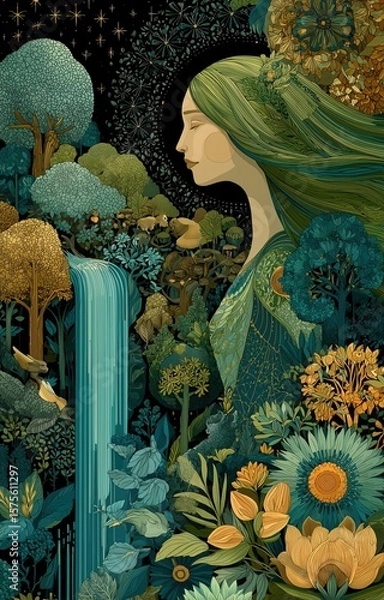 Fototapeta the goddess Mother Earth with green hair, standing in an enchanted forest surrounded by animals and tree