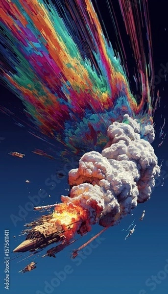 Fototapeta glitch missile exploding mid-flight, pixelated fragments and distorted color trails, digital chaos in a broken sky