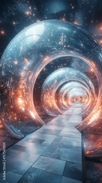 Fototapeta Abstract Tunnel with Glowing Spheres and Tile Floor Perspective