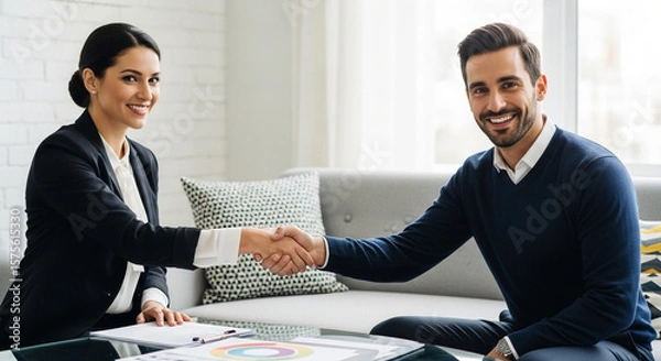 Obraz A man and woman shake hands in a modern office setting, signifying a successful business agreement and partnership