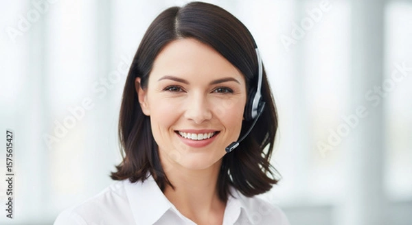 Obraz A friendly female customer service representative wearing a headset smiles confidently at the camera