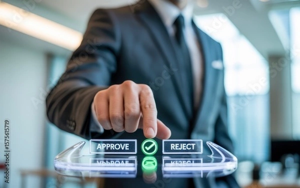 Fototapeta Businessman Making Crucial Decision Approve or Reject on Holographic Interface