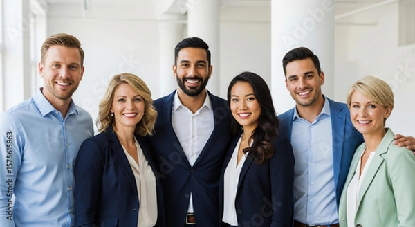 Obraz A diverse group of six business professionals smiling confidently in an office setting