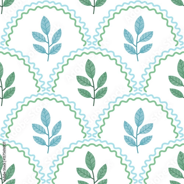 Fototapeta Elegant Floral Seamless Pattern with Green and blue Leaves on White Background, with scalloped arches. Perfect for Wallpaper, Fabric, and Home Decor