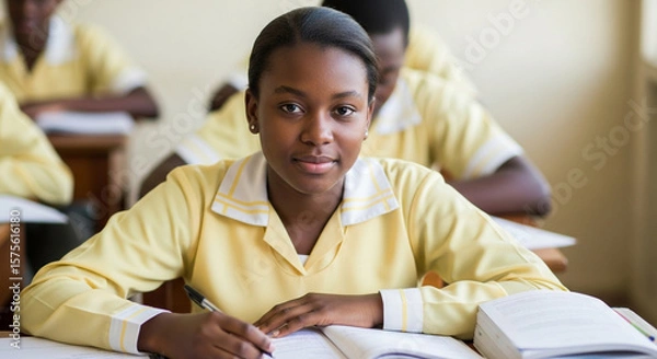 Obraz A young african girl in a yellow school uniform smiles while studying at her desk in a classroom