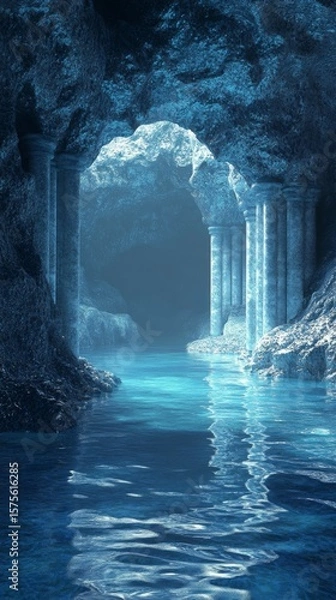 Fototapeta Exploring a Mystical Underground Cave with Water and Stone Columns