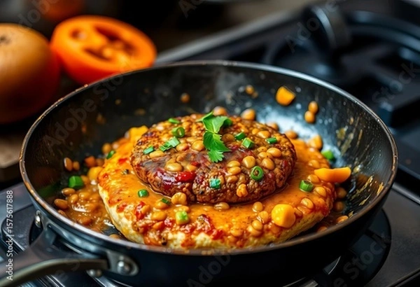 Fototapeta Sizzling lentil and curry burger cooking in a pan, red, still life