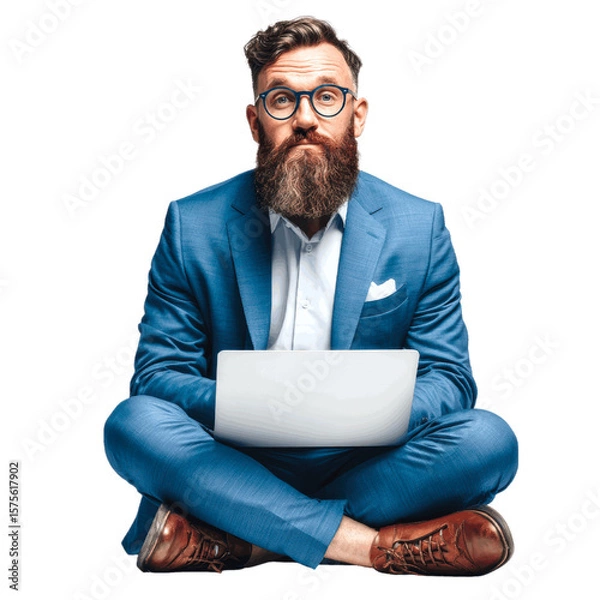 Fototapeta Focused Businessman Working on Laptop While Sitting Cross-Legged