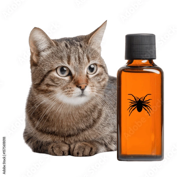 Fototapeta Cat with Bottle of Spider Repellent in Studio Setting