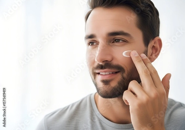 Obraz Caucasian man applies moisturizing cream to his cheek with his fingers on white background
