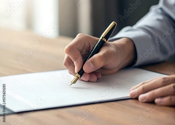 Obraz The hand of a person writing a detailed document with a fountain pen.