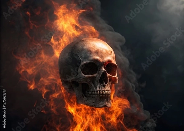 Obraz Skull Burning with Flames and Smoke Against a Dark Background