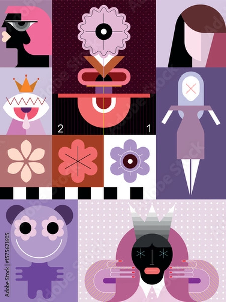 Fototapeta Pop art collage of portraits of people, abstract geometric designs and decorative elements. Modern style vector illustration. 