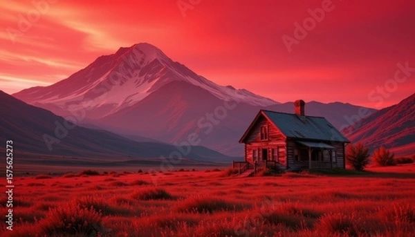 Fototapeta a solitary, weathered house nestled within a vast meadow, dwarfed by a towering, snow capped mountain, a sense of triumph emanates in dazzling red tones, bathing the scene in a victorious glow
