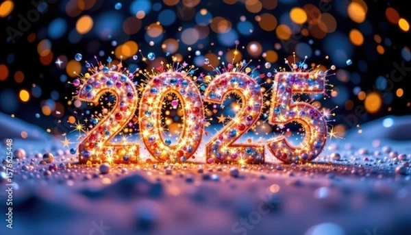 Fototapeta frohes neues jahr! a pov macro focus captures exploding, celebratory 2025, imagine buoyant farben shimmering with glitter licht against a luxurious, premium hintergrund