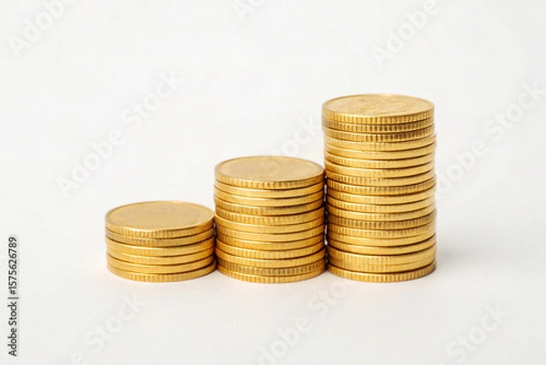 Obraz Three Stacks Gold Coins Ascending Order White Background
