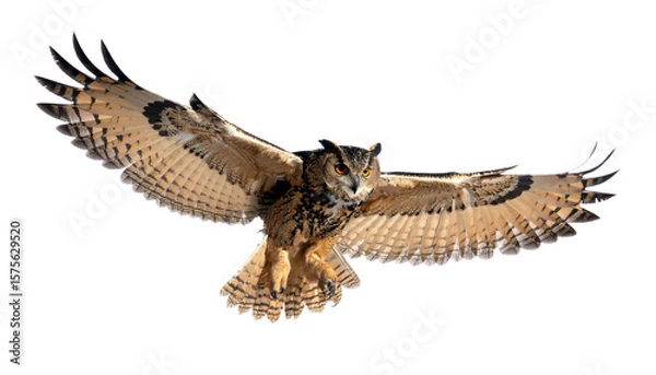 Obraz 飛翔するフクロウ・背景透過の切り抜きPNG素材・知性と神秘の象徴