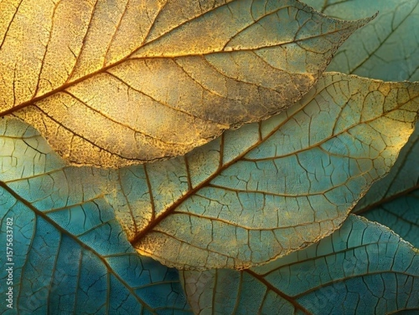 Fototapeta Intricate Golden and Teal Leaf Texture Closeup