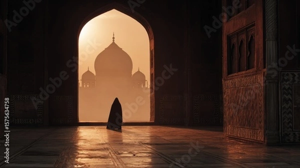Fototapeta Silhouette of Mysterious Figure Against the Majestic Taj Mahal at Sunset in Serene Atmosphere