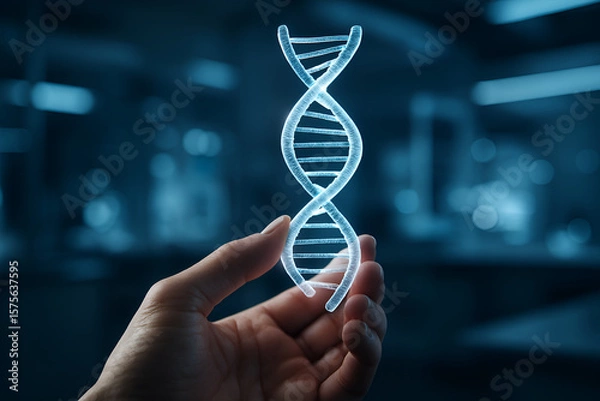 Fototapeta A hand holds a glowing DNA structure, representing science and genetics.
