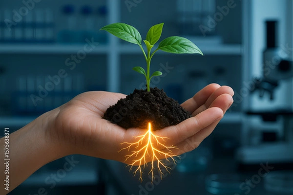 Fototapeta Green seedling grows in human hand with roots in lab