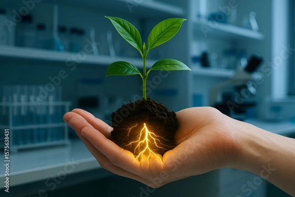 Fototapeta Sprout grows from hand, enhanced with energy, science and nature concept