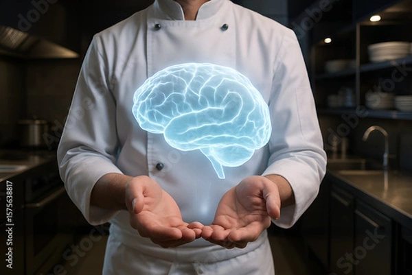 Fototapeta Chef holds glowing brain in kitchen, concept for food and brain power