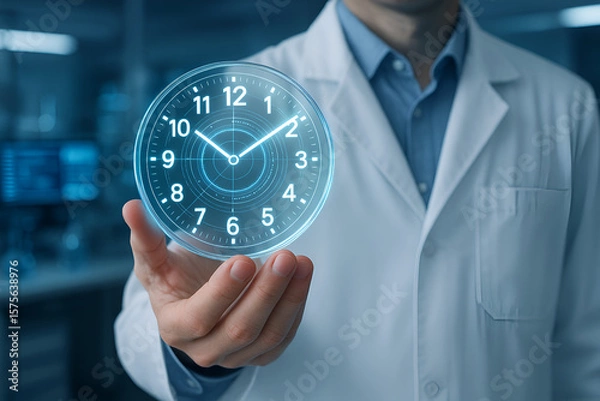 Fototapeta Scientist holds digital clock, illustrating time management and efficiency