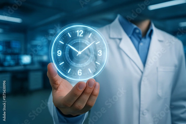 Fototapeta Healthcare professional presenting a futuristic clock interface concept
