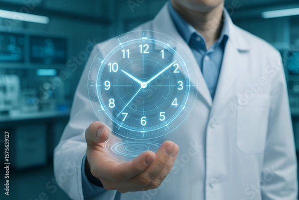 Fototapeta Doctor holds futuristic clock, symbolizing time management in healthcare