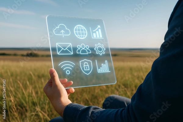 Fototapeta Innovative glass tablet displays cloud data in a natural setting