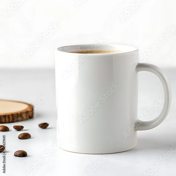 Fototapeta A white mug filled with coffee next to a wooden coaster and scattered coffee beans on a white surface