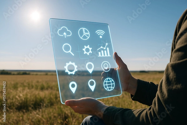 Fototapeta Futuristic technology display over field shows agriculture data