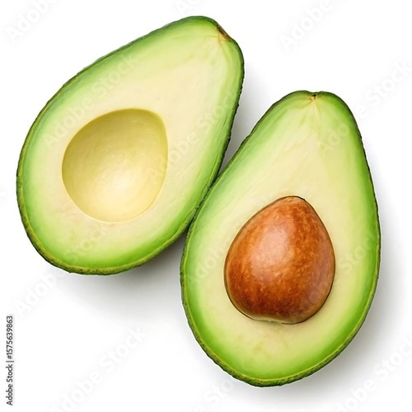 Fototapeta Two avocado halves one with pit on a white background showcasing fresh green and brown colors nicely