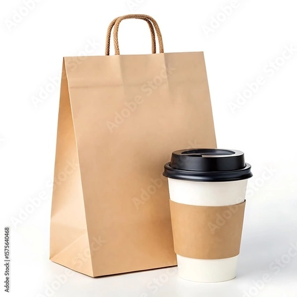 Fototapeta A takeout coffee cup with a black lid and a brown paper bag on a white surface in a studio shot